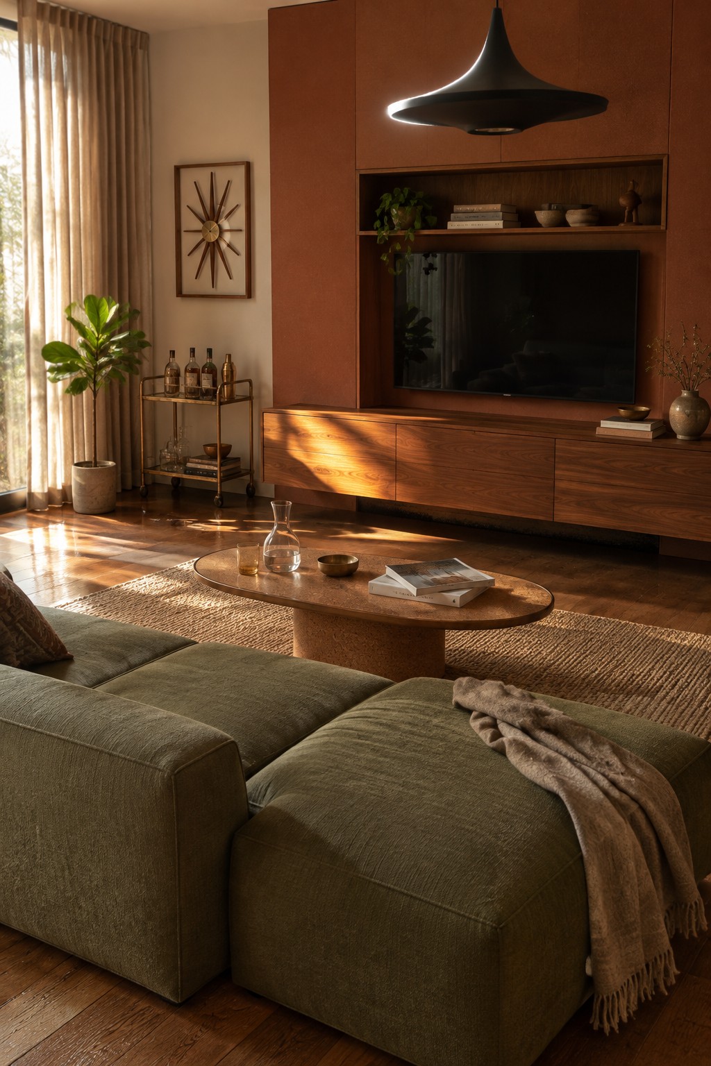 An olive sectional sits in front of rust-colored built-in cabinetry and a black television.