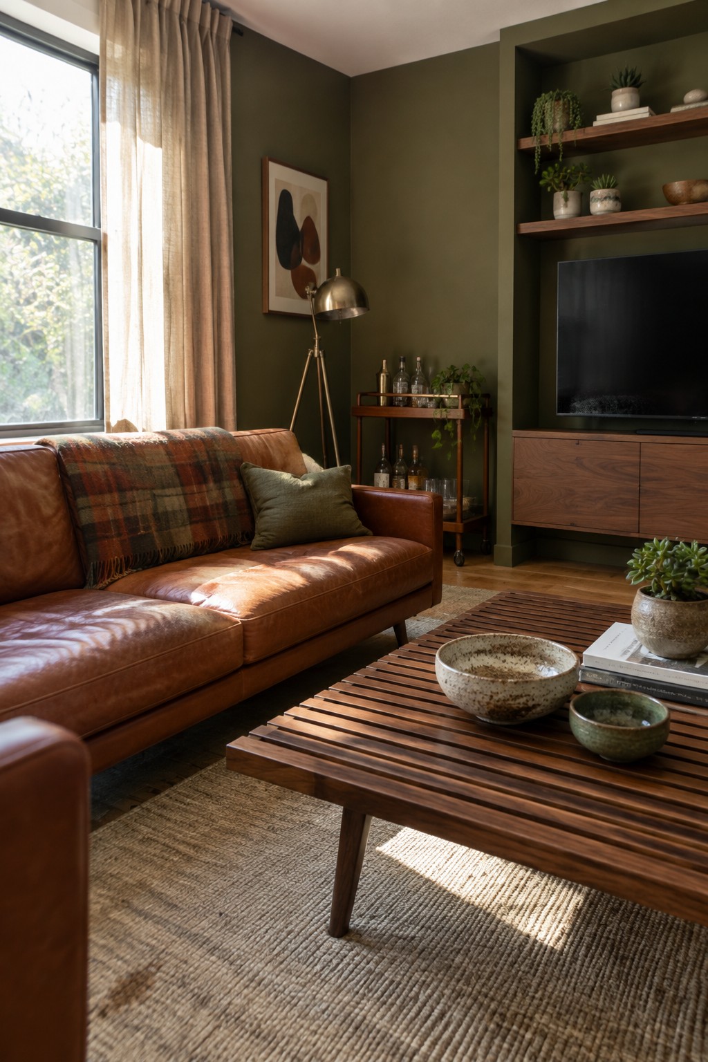 A living room with olive green walls, a rust-colored leather sofa, and a wooden slatted coffee table.