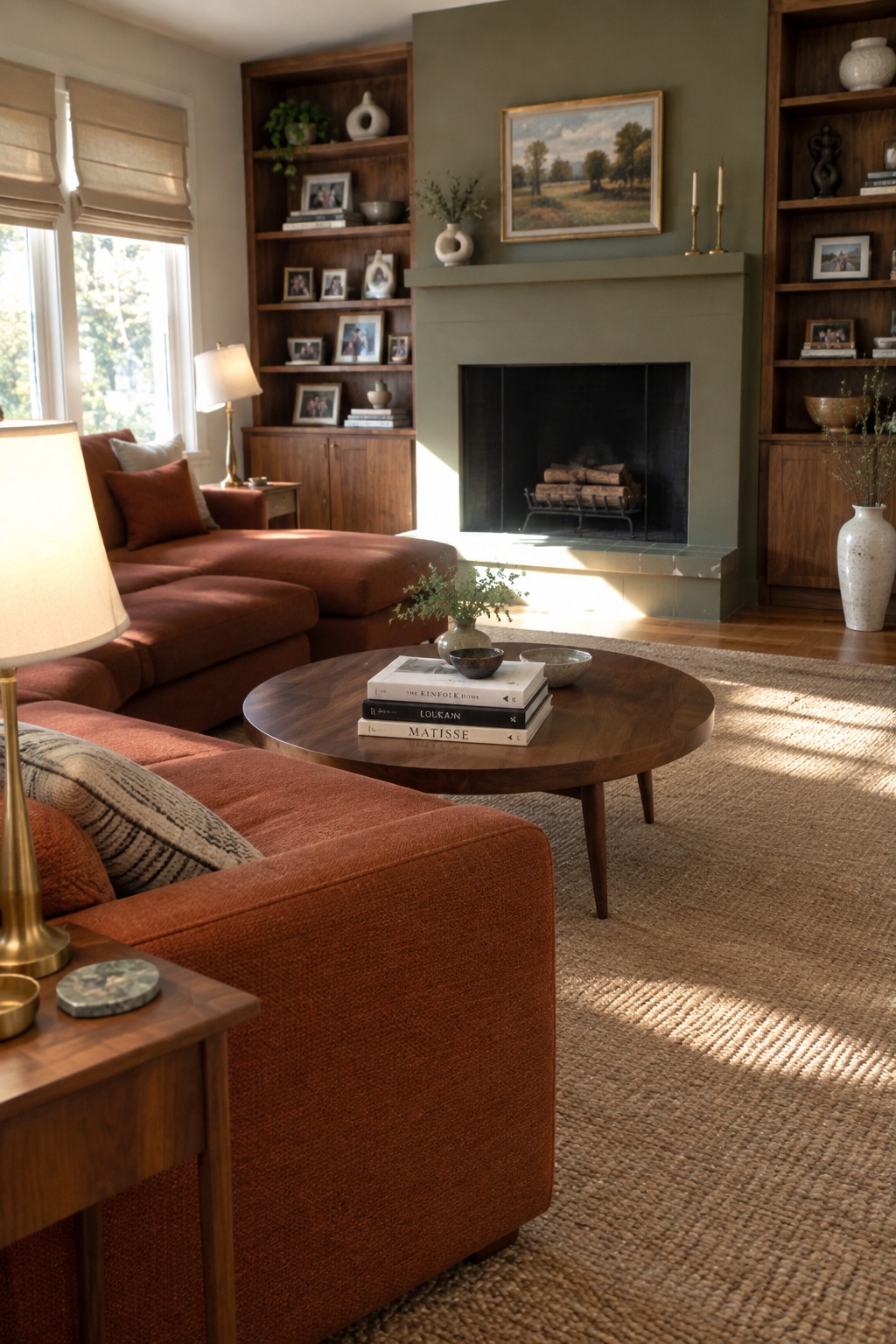 A living room with rust-colored sofas, an olive fireplace wall, dark wood shelves, and a round wooden coffee table.