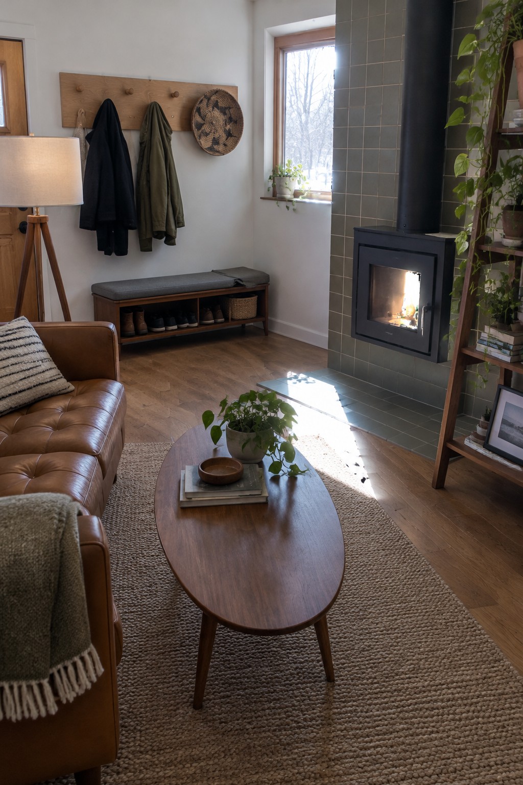 A black wood stove sits against a dark tiled wall in a living room with a brown leather sofa and oval coffee table.