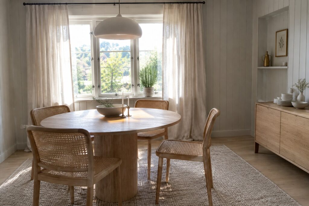 A round wooden dining table and woven chairs sit in front of tall windows with full-length cream linen curtains.
