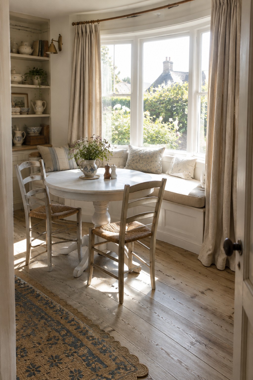 A round white table and wooden chairs sit in front of a built-in bay window seat with beige curtains.
