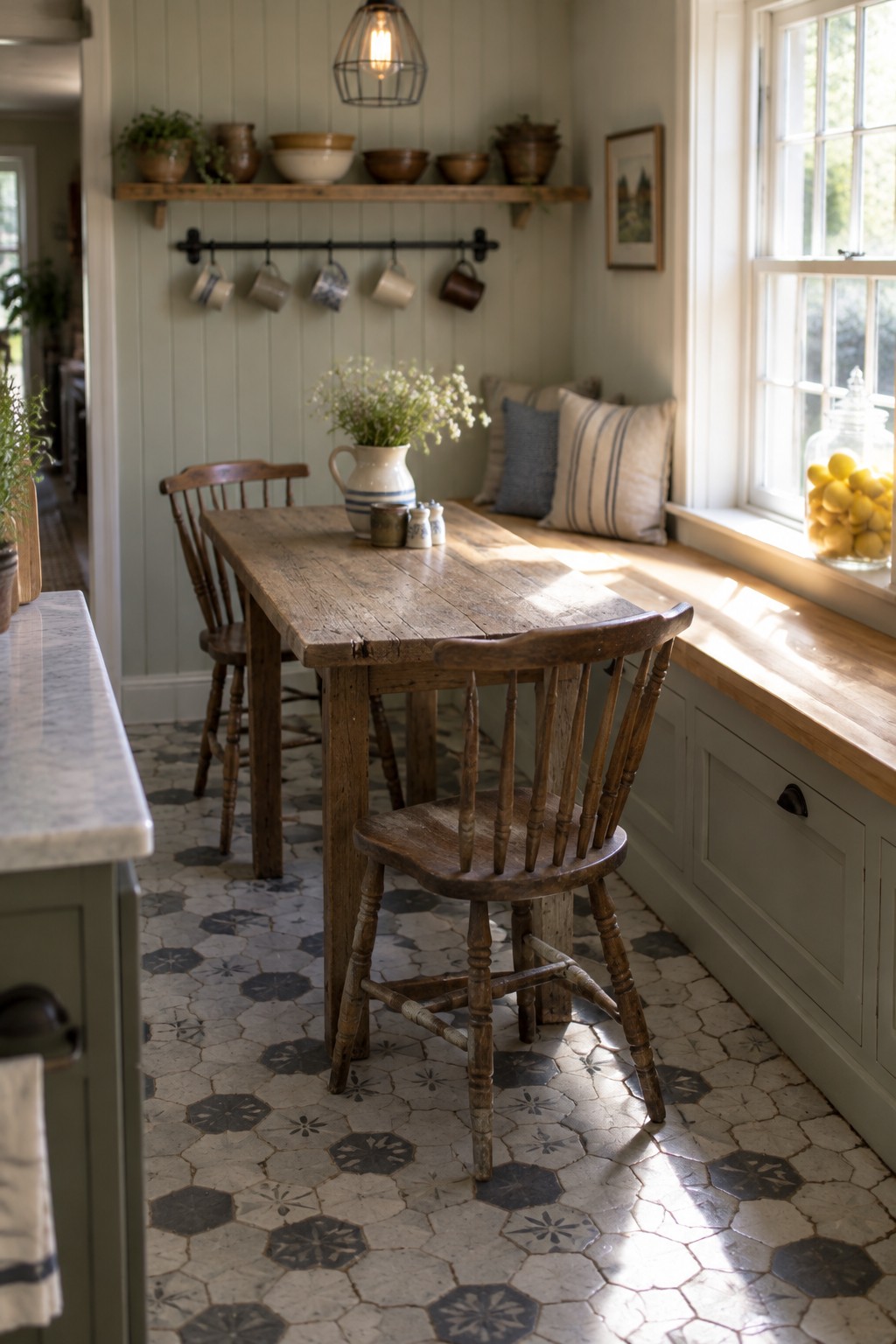 A rustic wooden dining table and chairs sit beside a built-in window bench with cushions in a cottage kitchen.