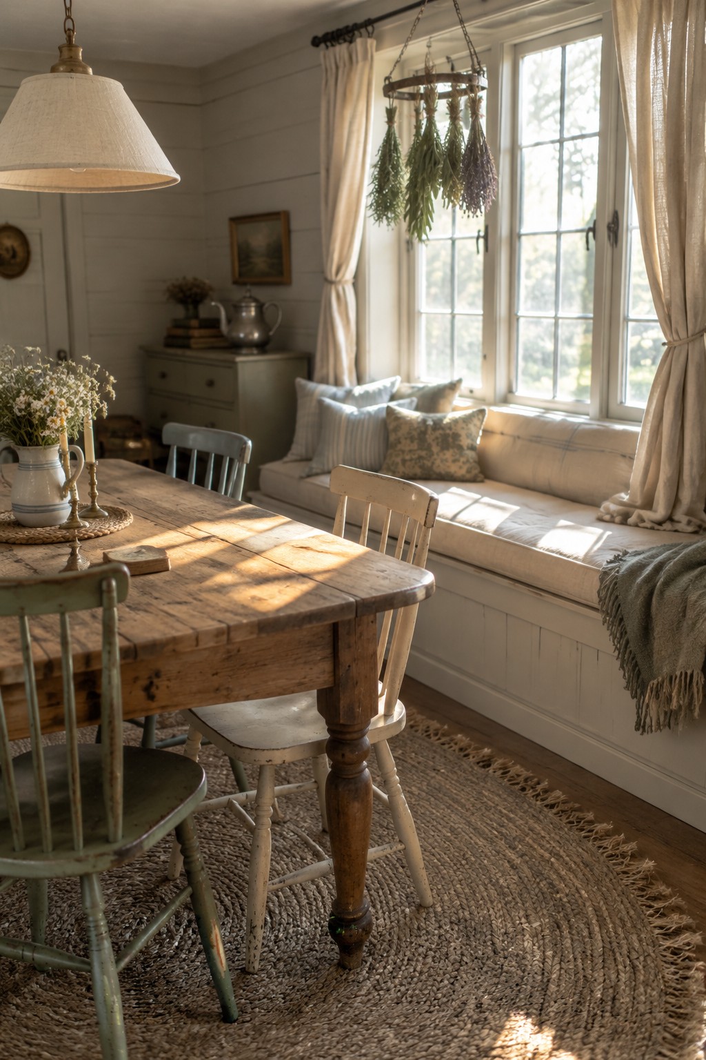 A cushioned built-in bench beneath tall windows sits beside a rustic wooden dining table and mismatched chairs.