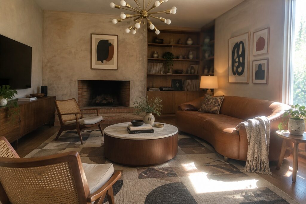 A mid-century modern living room with a brass Sputnik chandelier, leather sofa, built-in shelves, and round coffee table.