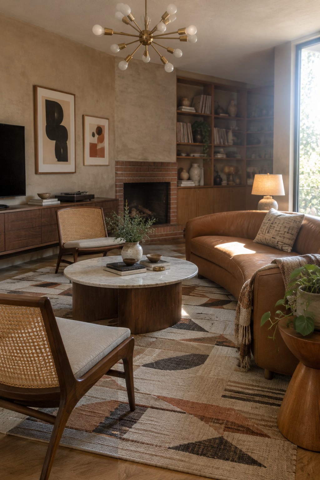 A mid-century modern living room with a brass Sputnik chandelier, leather sofa, built-in shelves, and round coffee table.
