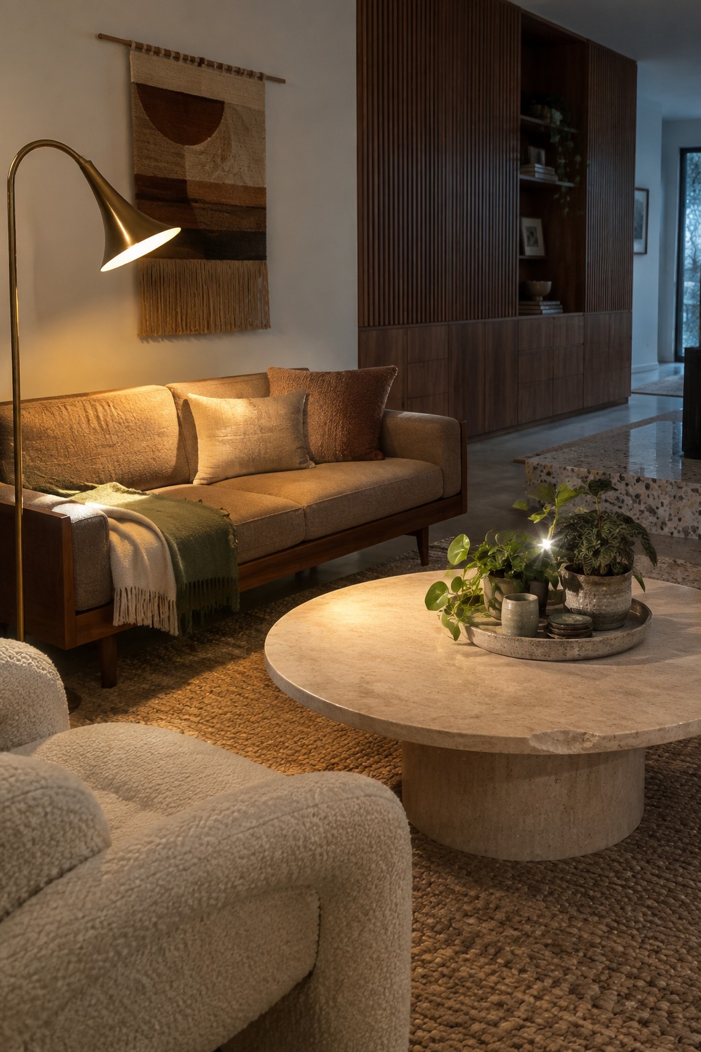 A brass arched floor lamp stands beside a brown sofa in a living room.