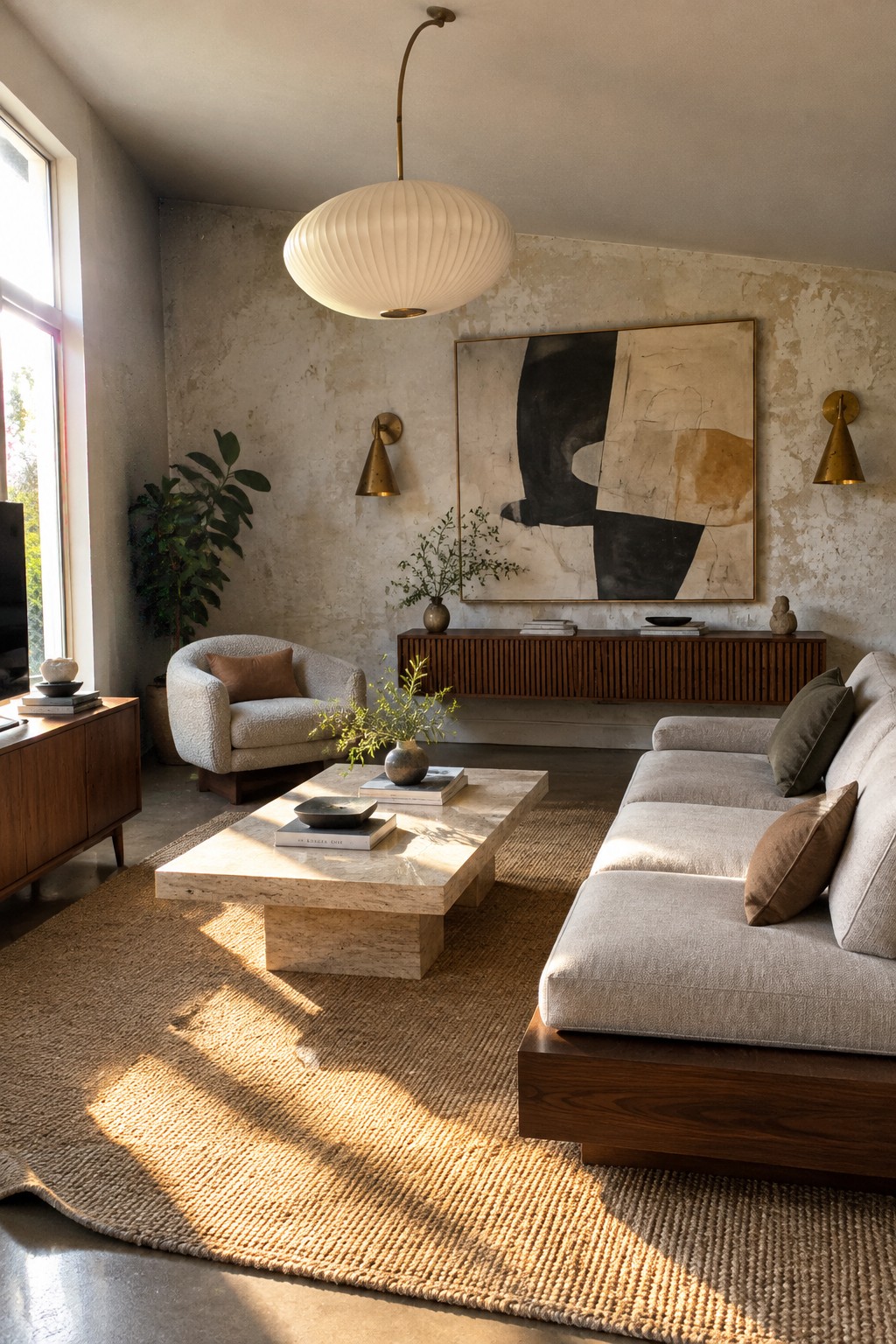 A ribbed white pendant hangs above a living room with a cream sofa, stone coffee table, and abstract wall art.