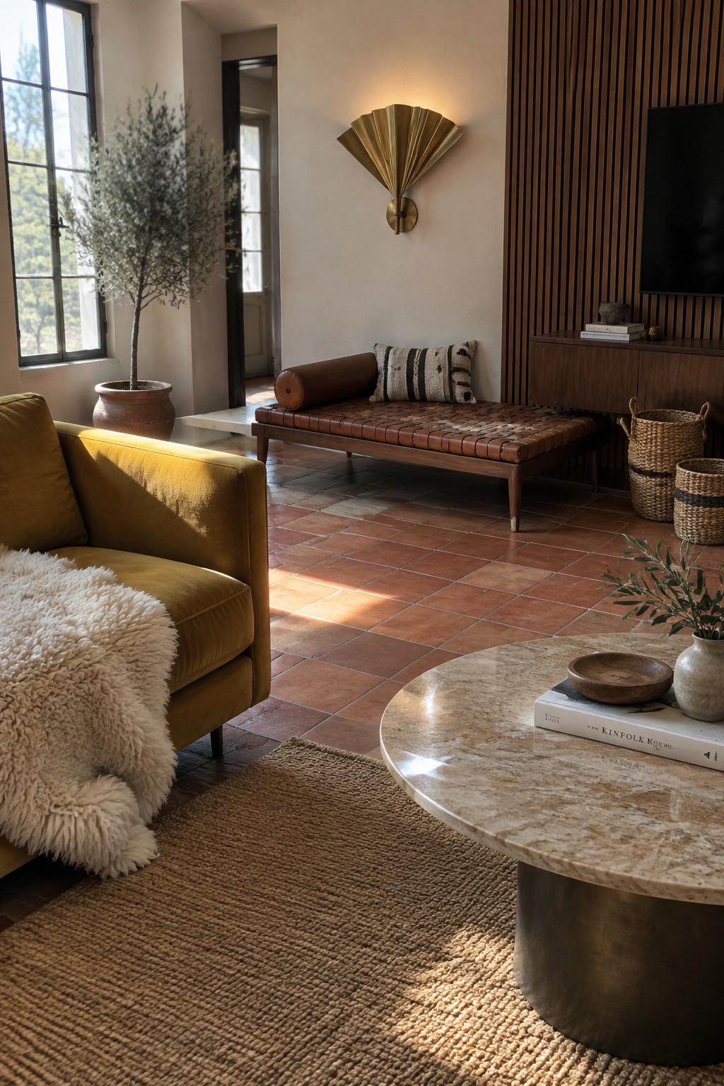 A brass fan-shaped wall sconce hangs above a brown leather daybed in a living room with terracotta tile floors.