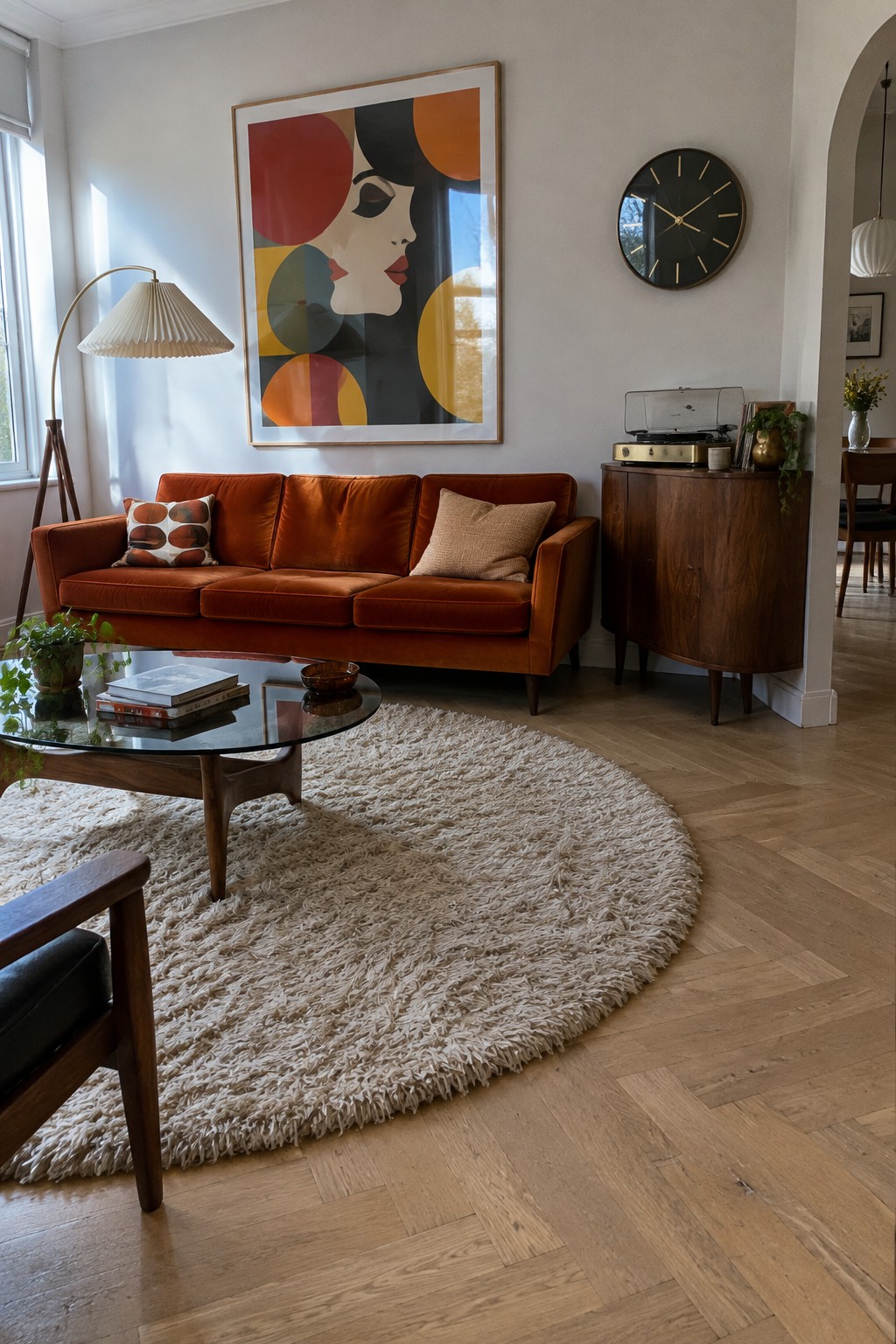 A rust-colored sofa sits beneath a large geometric portrait print in a mid-century modern living room.