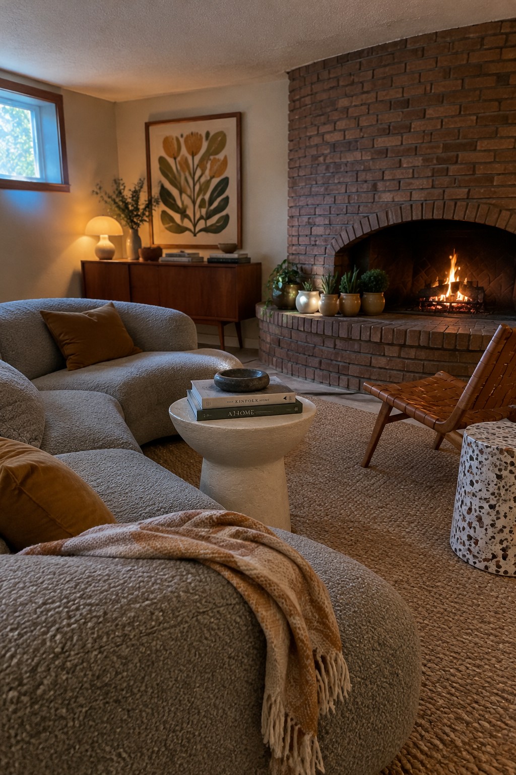 A framed botanical print hangs above a wooden sideboard beside a brick fireplace and a curved gray sofa.