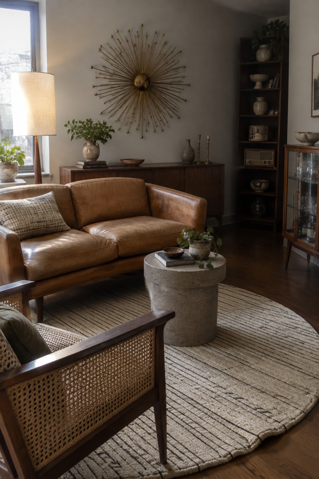 A brass sunburst wall sculpture hangs above a dark wood cabinet in a living room with a tan leather sofa and round coffee table.