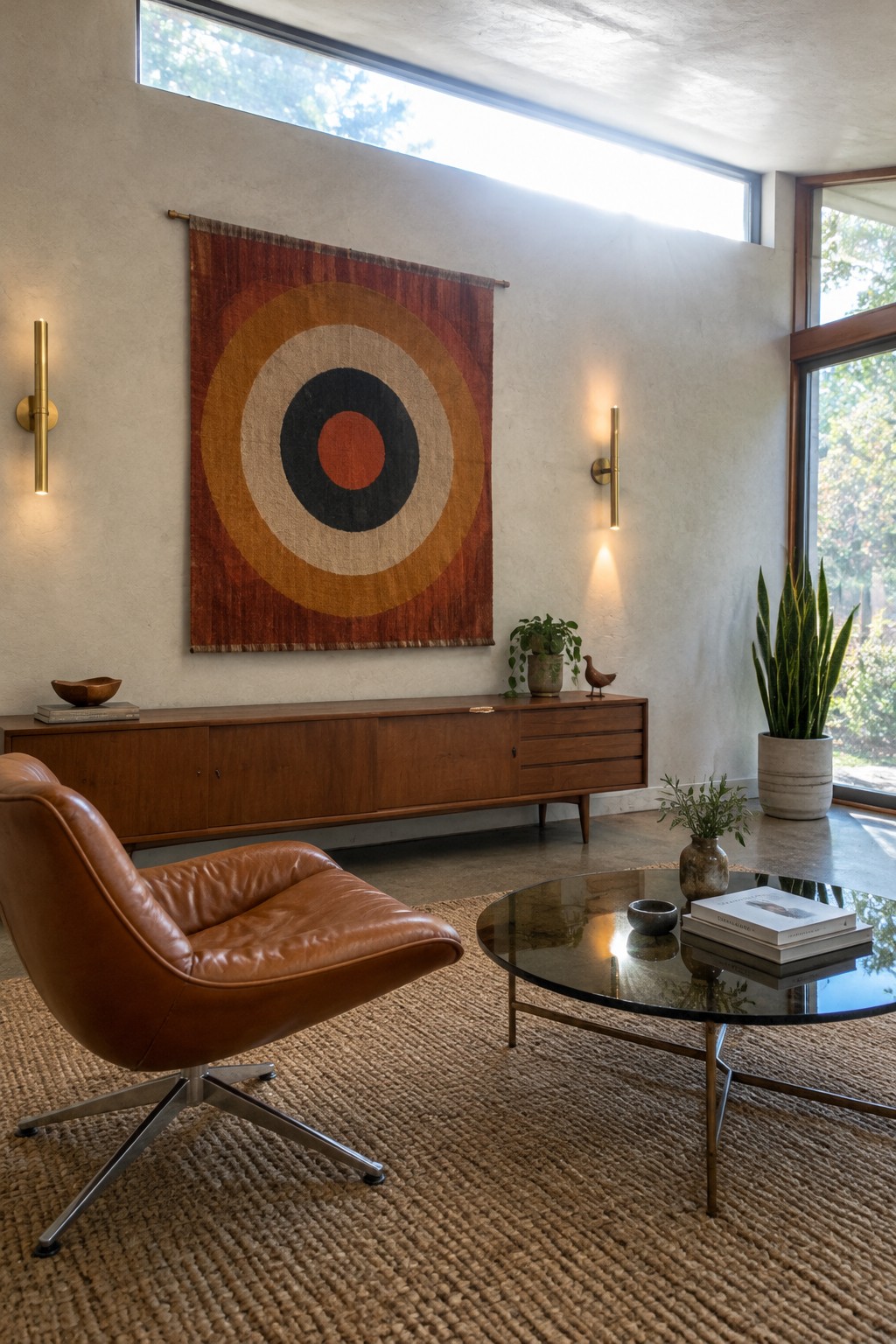 A living room with a large rust and ochre circular textile wall hanging above a wooden credenza.