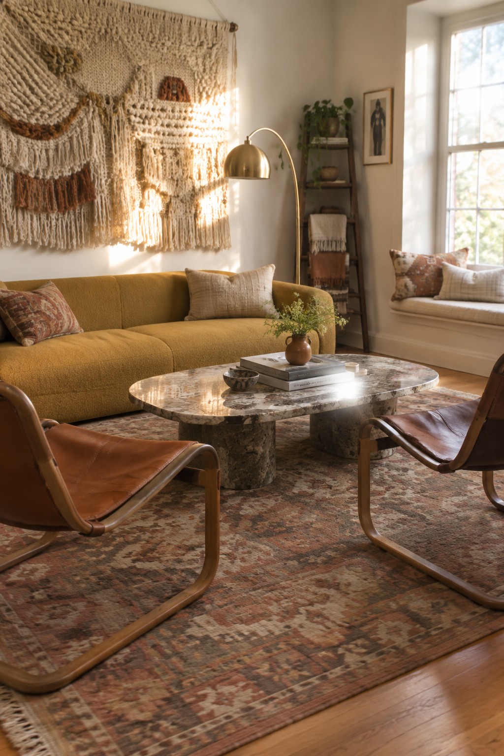 A living room with a large cream and brown woven wall hanging above a mustard sofa, leather chairs, and a stone coffee table.