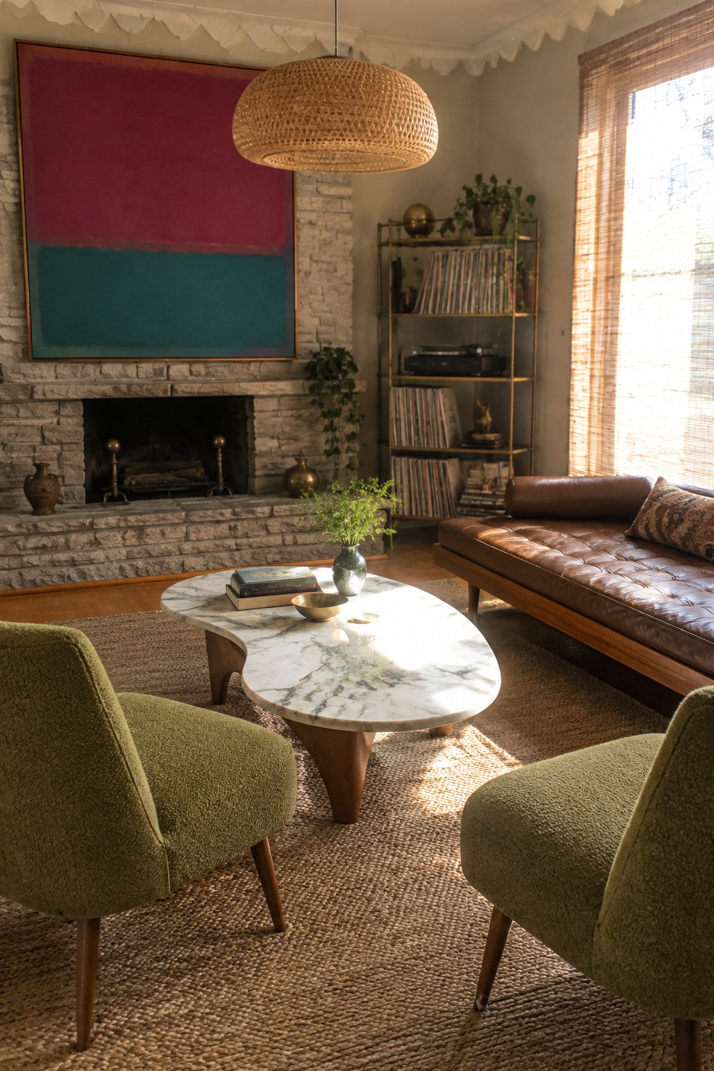 A living room with a large red and teal abstract painting above a stone fireplace, a leather sofa, green chairs, and a marble coffee table.
