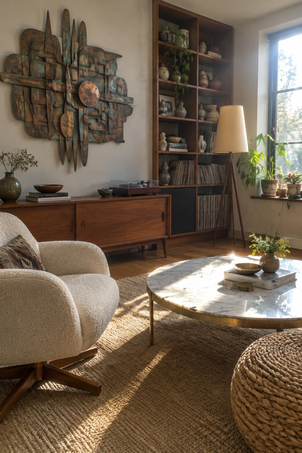A living room with a large patinated metal wall sculpture above a wooden sideboard, beside a tall bookcase and window.