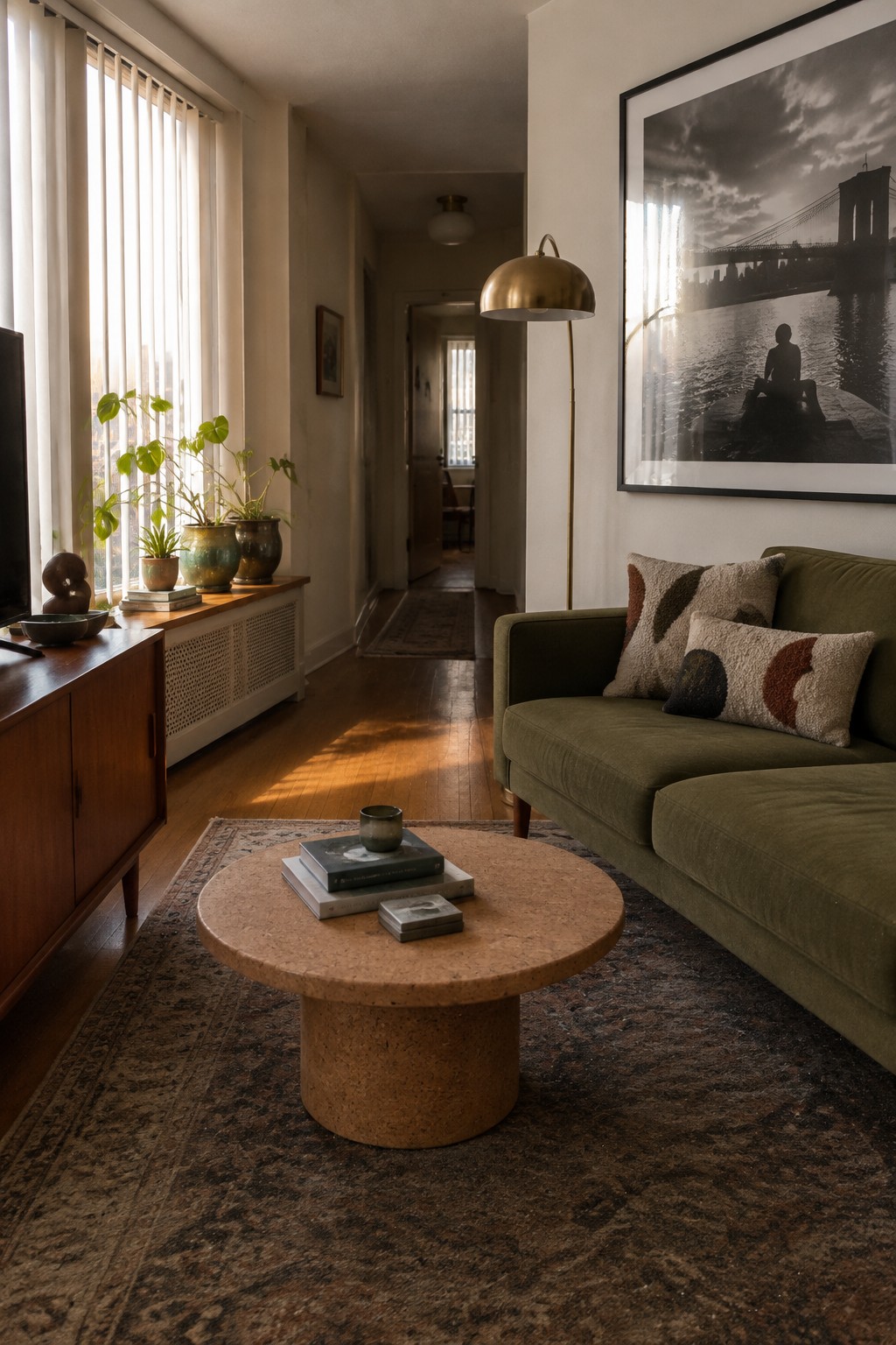A living room with an olive sofa, round cork coffee table, and large framed black-and-white bridge photograph.