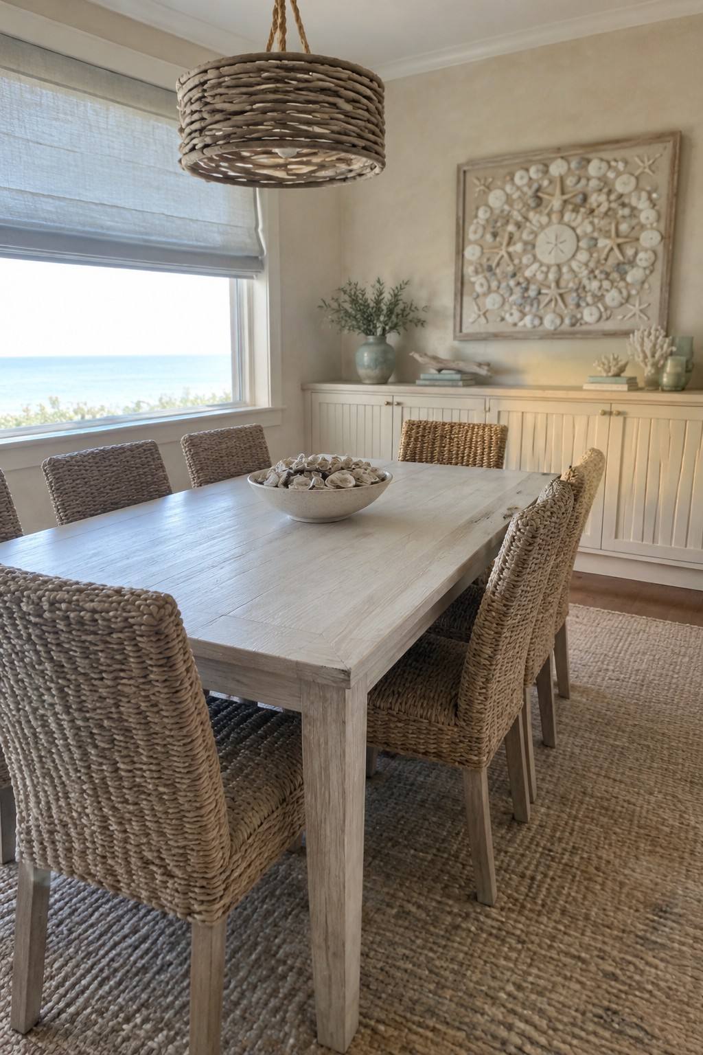 A pale wood dining table surrounded by woven chairs in a neutral dining room.