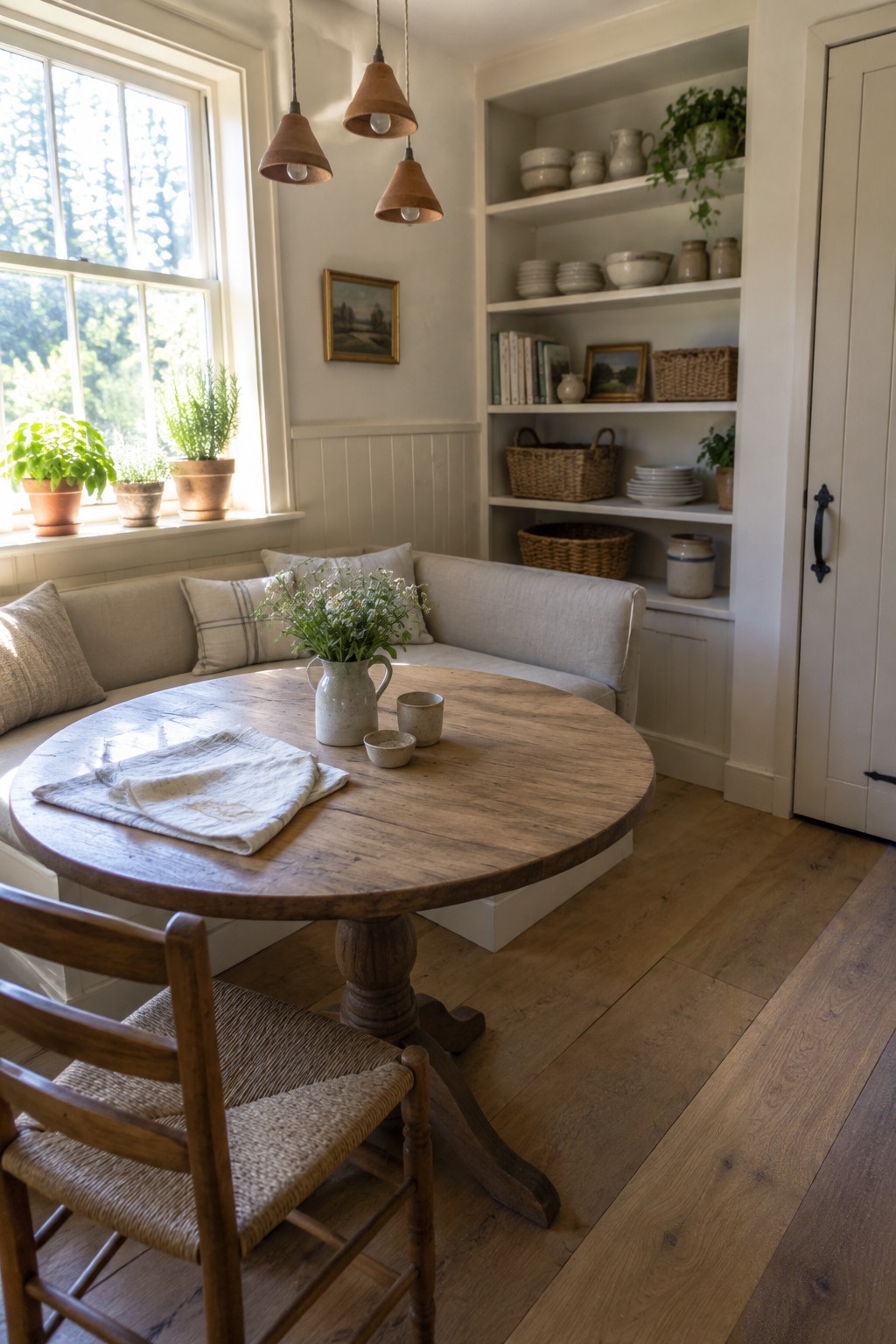 A round wooden dining table sits in front of a curved upholstered bench in a light-filled room.