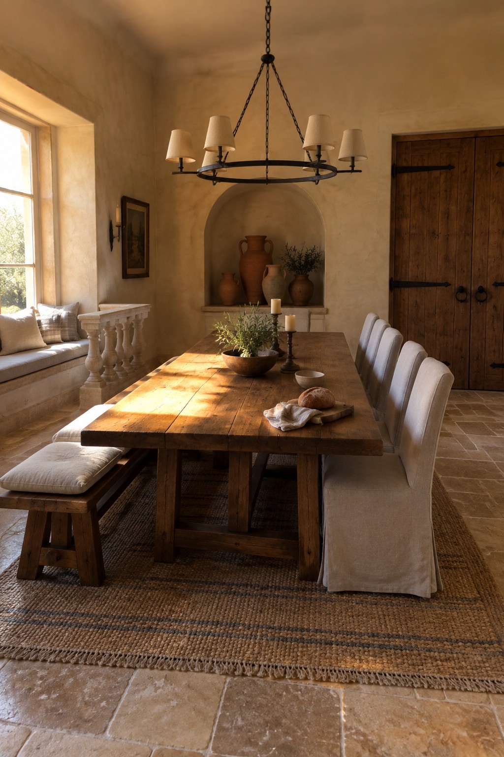A rustic dining room with a wooden table, upholstered chairs, and pottery displayed in an arched wall niche.