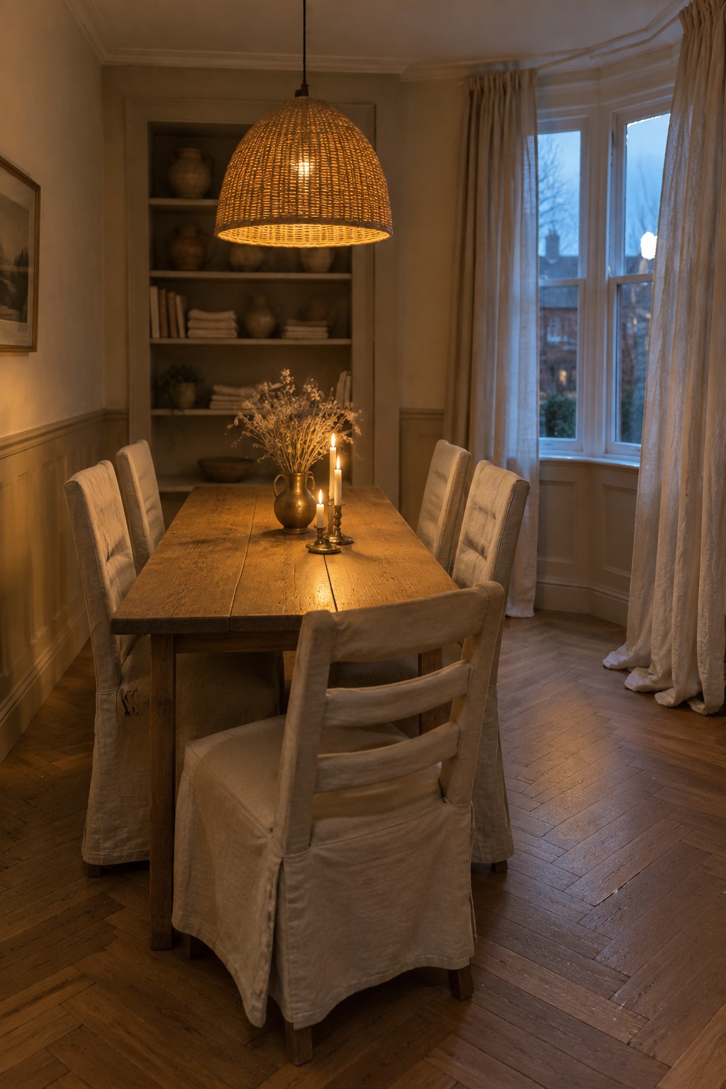 A wooden dining table with neutral upholstered chairs, lit candles, a woven pendant lamp, and a vase of dried flowers.