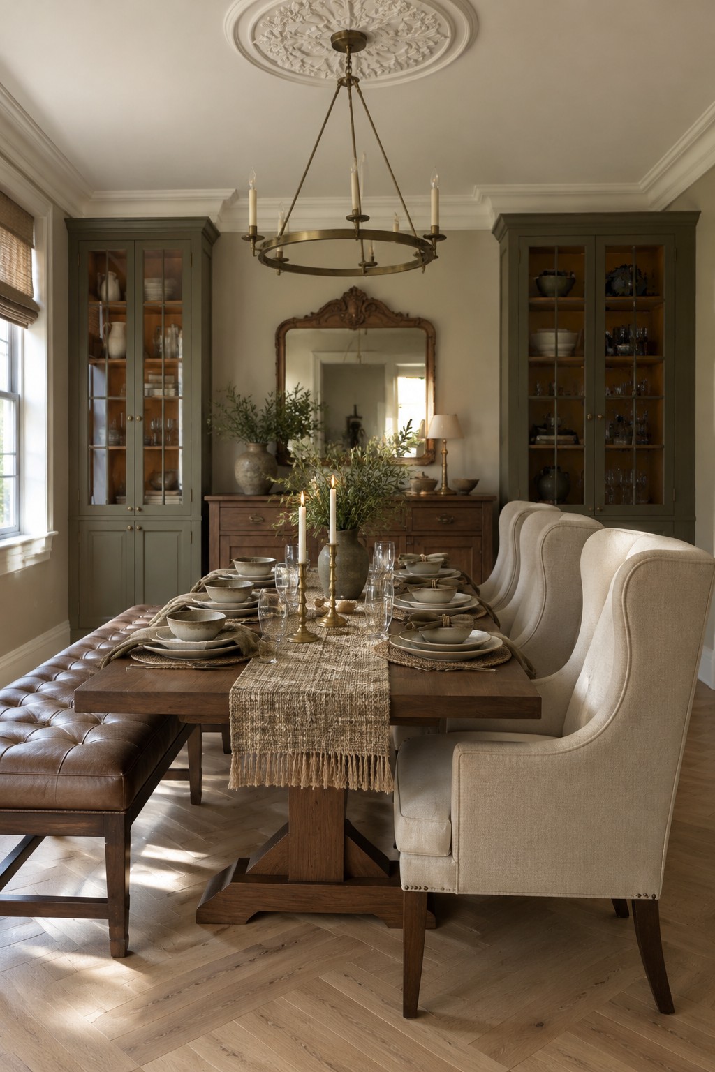 A wooden dining table is set with neutral dishes and candles, surrounded by cream upholstered chairs and a brown leather bench.