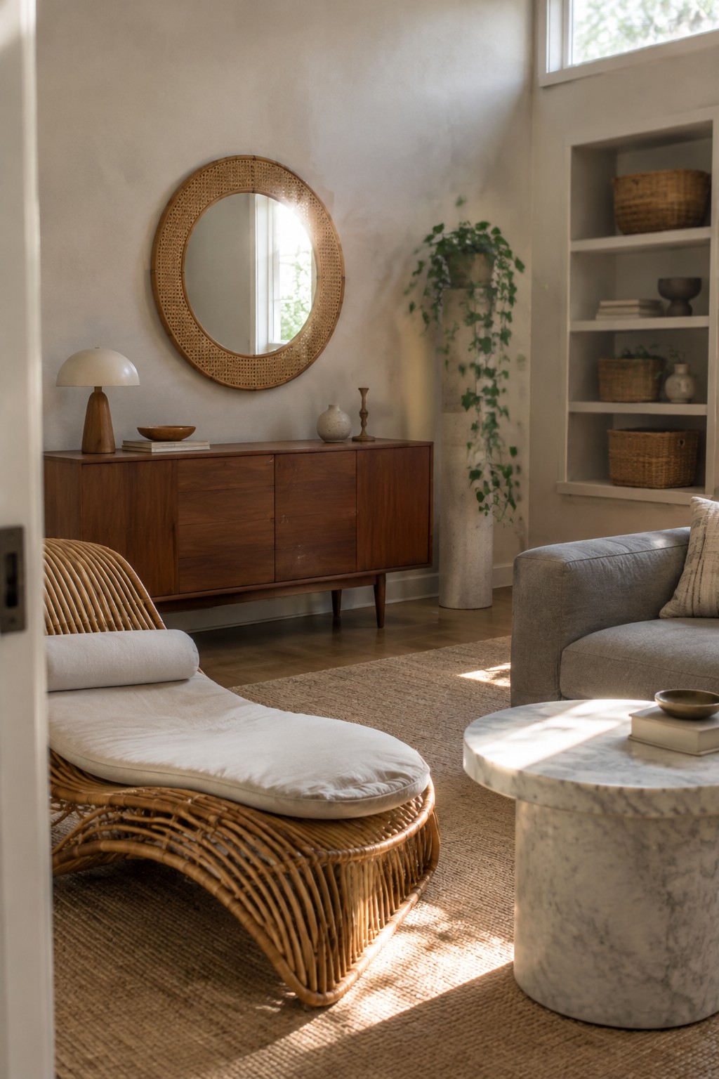 A low rattan daybed with a white cushion sits beside a gray sofa in a living room.