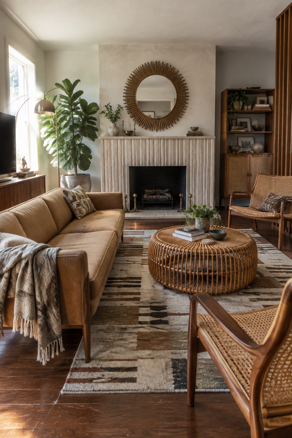 A living room with two wood-framed rattan chairs, a tan sofa, a round rattan coffee table, and a fireplace.