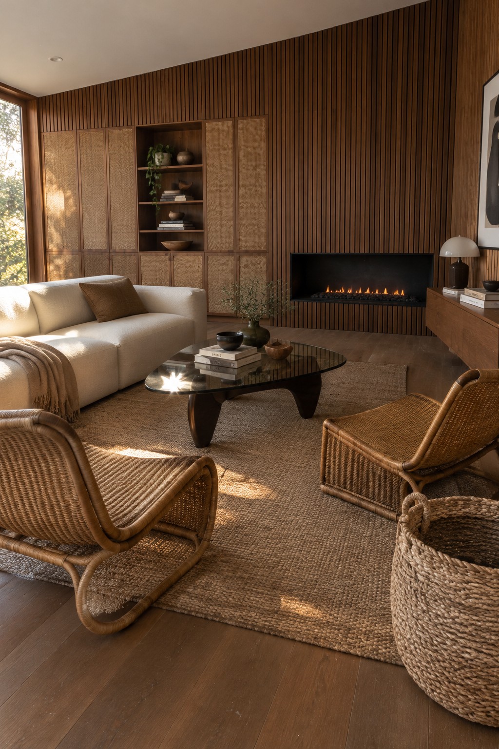 A living room with a wood slat wall, built-in woven-front cabinets, a fireplace, and rattan chairs around a glass coffee table.