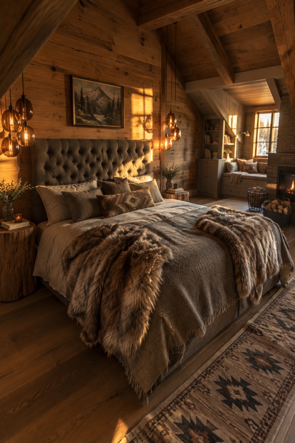 A bedroom with a gray tufted upholstered headboard, layered brown bedding, wood-paneled walls, and exposed ceiling beams.