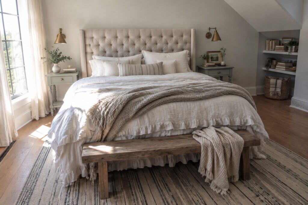 22 Cozy Master Bedrooms Built Around Upholstered Headboards A beige button-tufted upholstered headboard behind a bed with white bedding and neutral pillows.