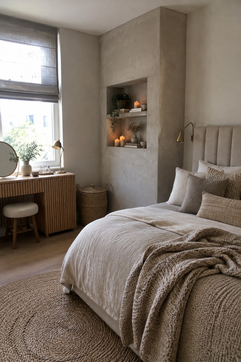 A bedroom with a tall upholstered headboard, neutral bedding, and a recessed plaster niche with shelves beside the bed.