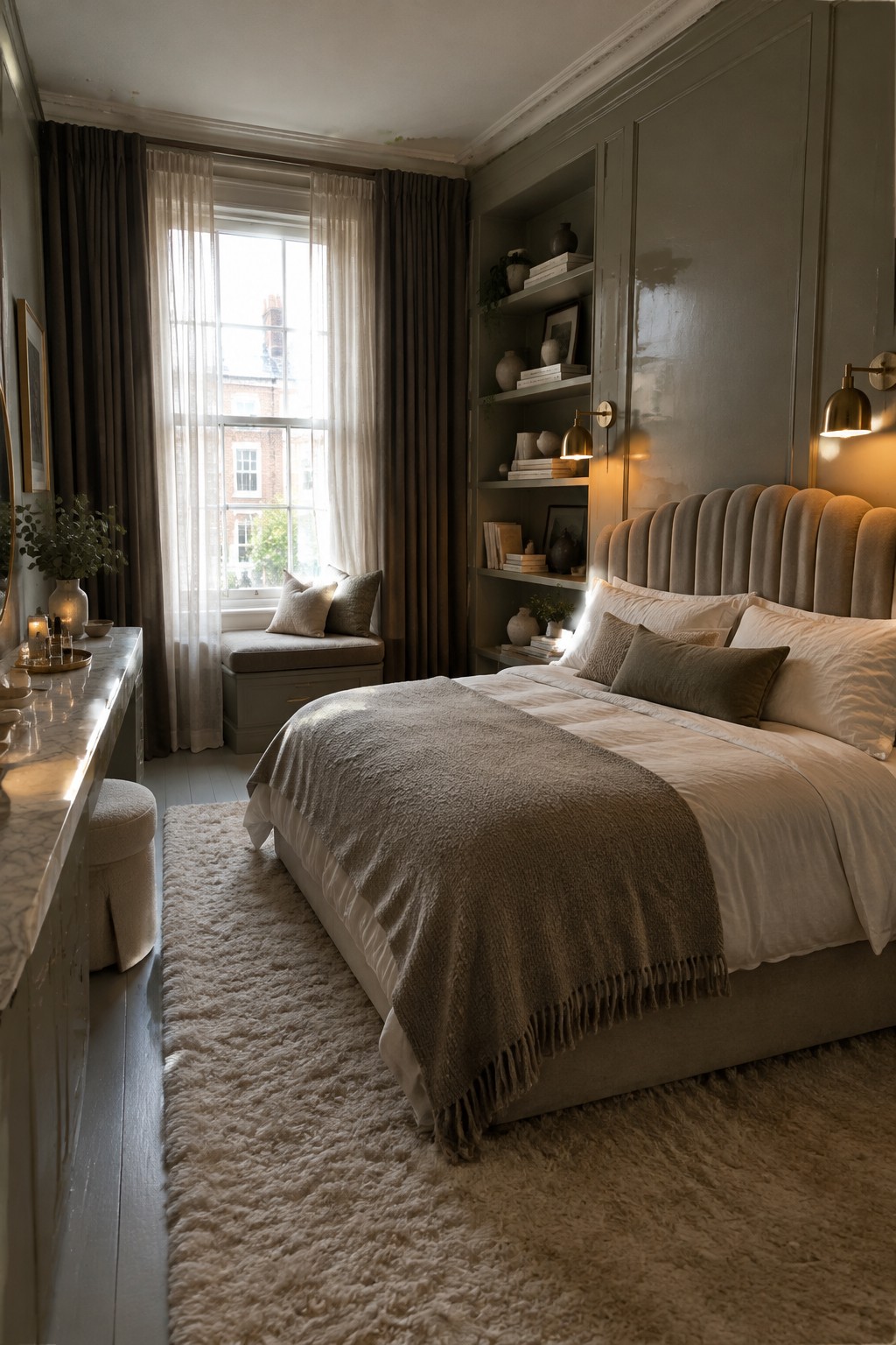 A bedroom with a tall channel-tufted upholstered headboard, white bedding, and a brown throw.