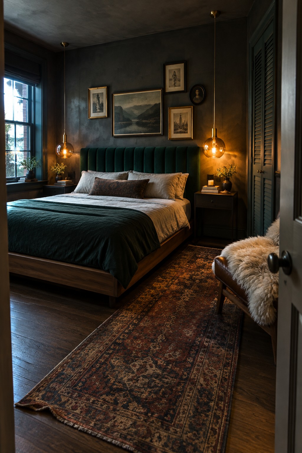 A bedroom with a tall green upholstered headboard, white bedding, framed art, pendant lights, and a patterned rug.