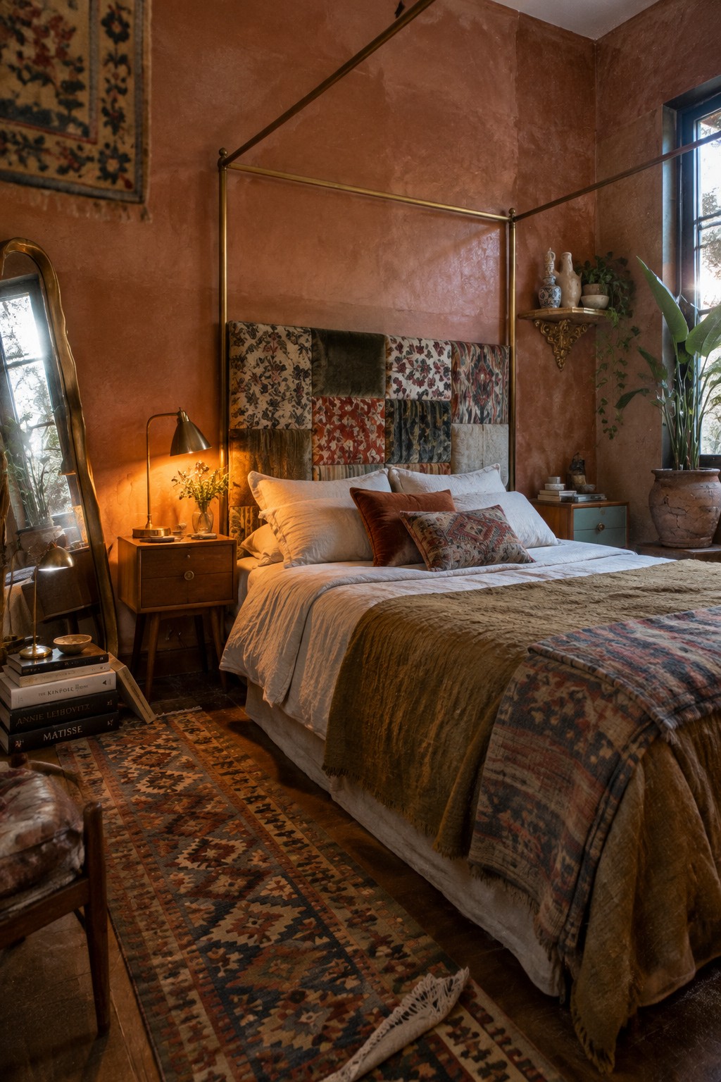 A bedroom with a tall patchwork upholstered headboard, white bedding, and a brass canopy bed frame.