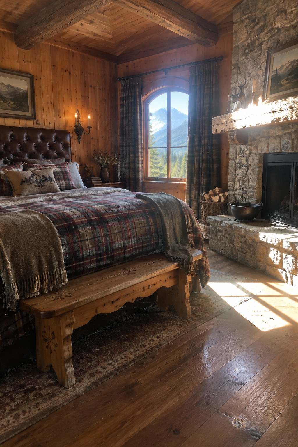 A bedroom with a dark tufted upholstered headboard against wood-paneled walls and a plaid bedspread.