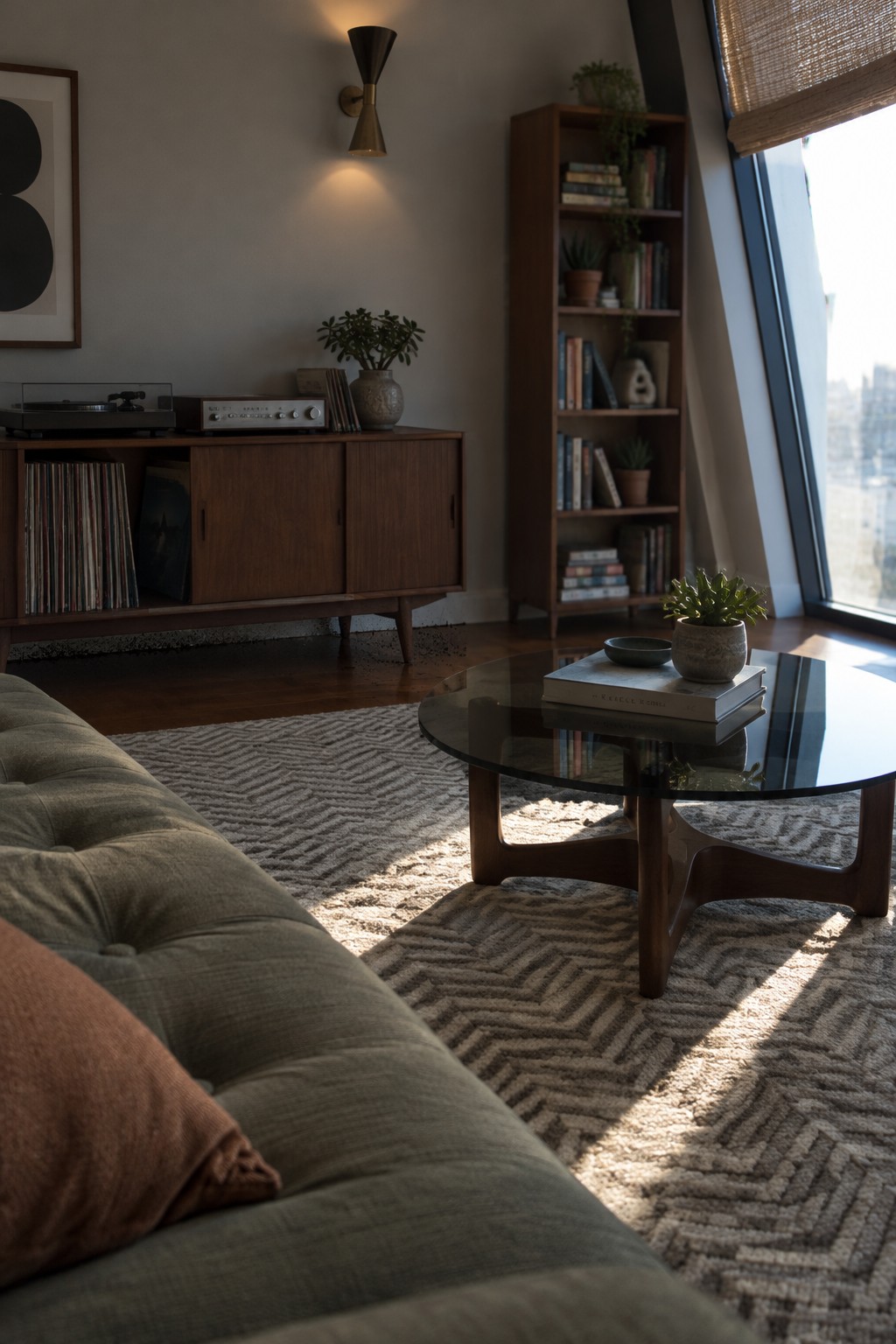 A glass coffee table with a wooden base sits in front of a low green sofa on a patterned rug.