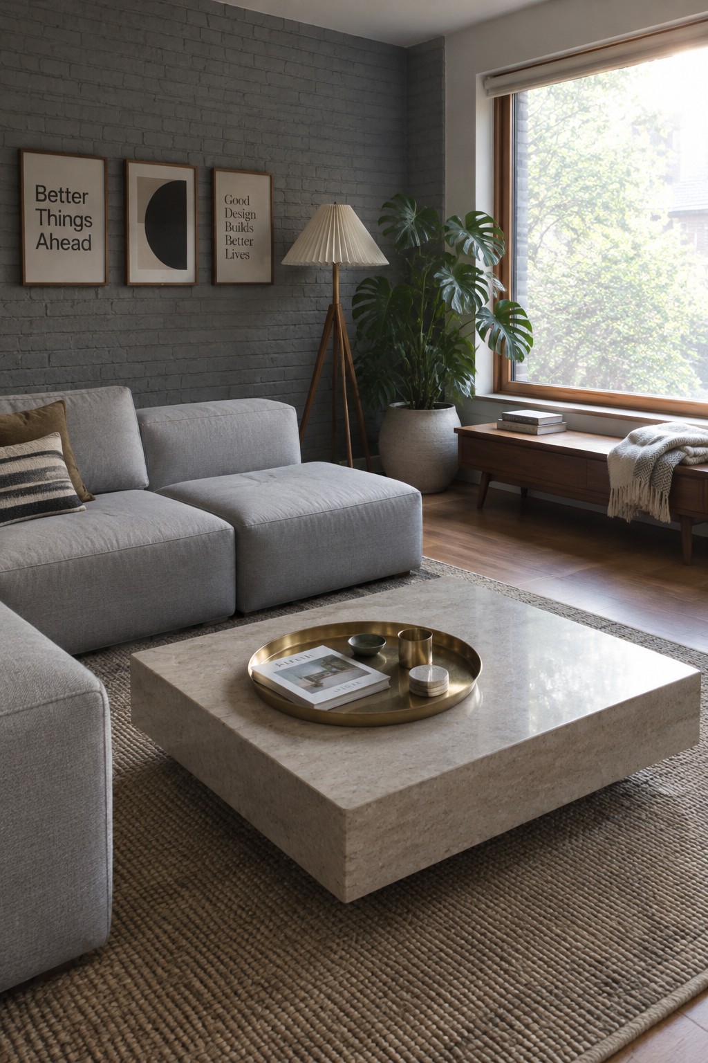A gray low-profile sectional sits beside a rectangular stone coffee table in a living room with a dark brick wall and a large window.