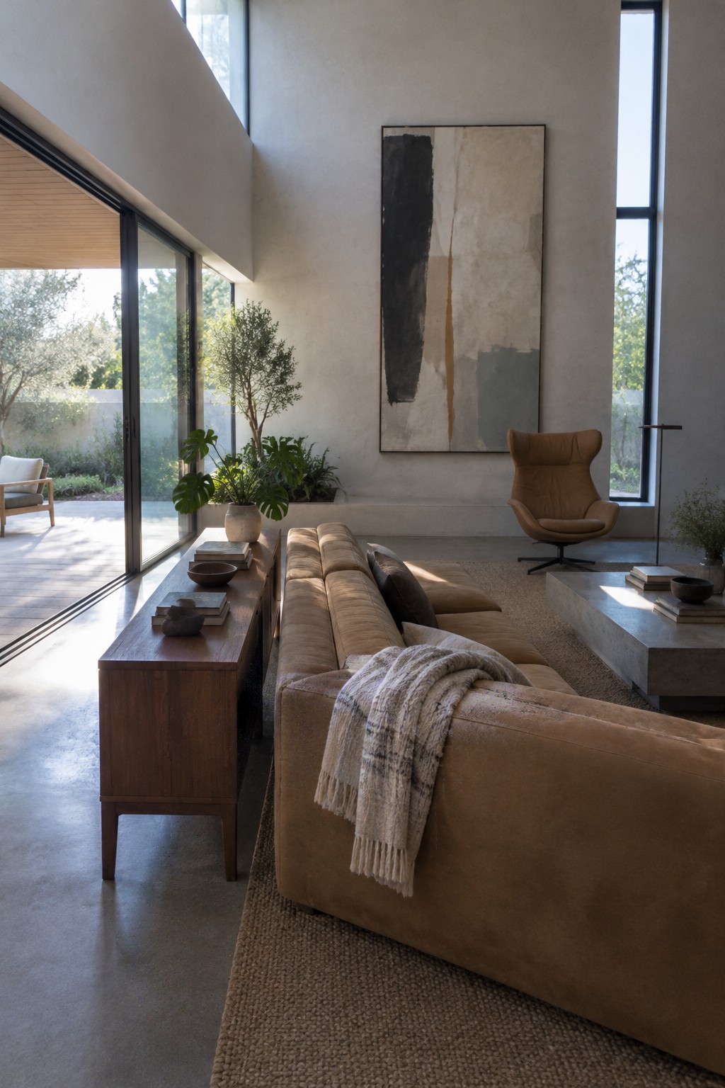 A low tan sofa faces a concrete coffee table in a tall living room with a large abstract painting and narrow windows.