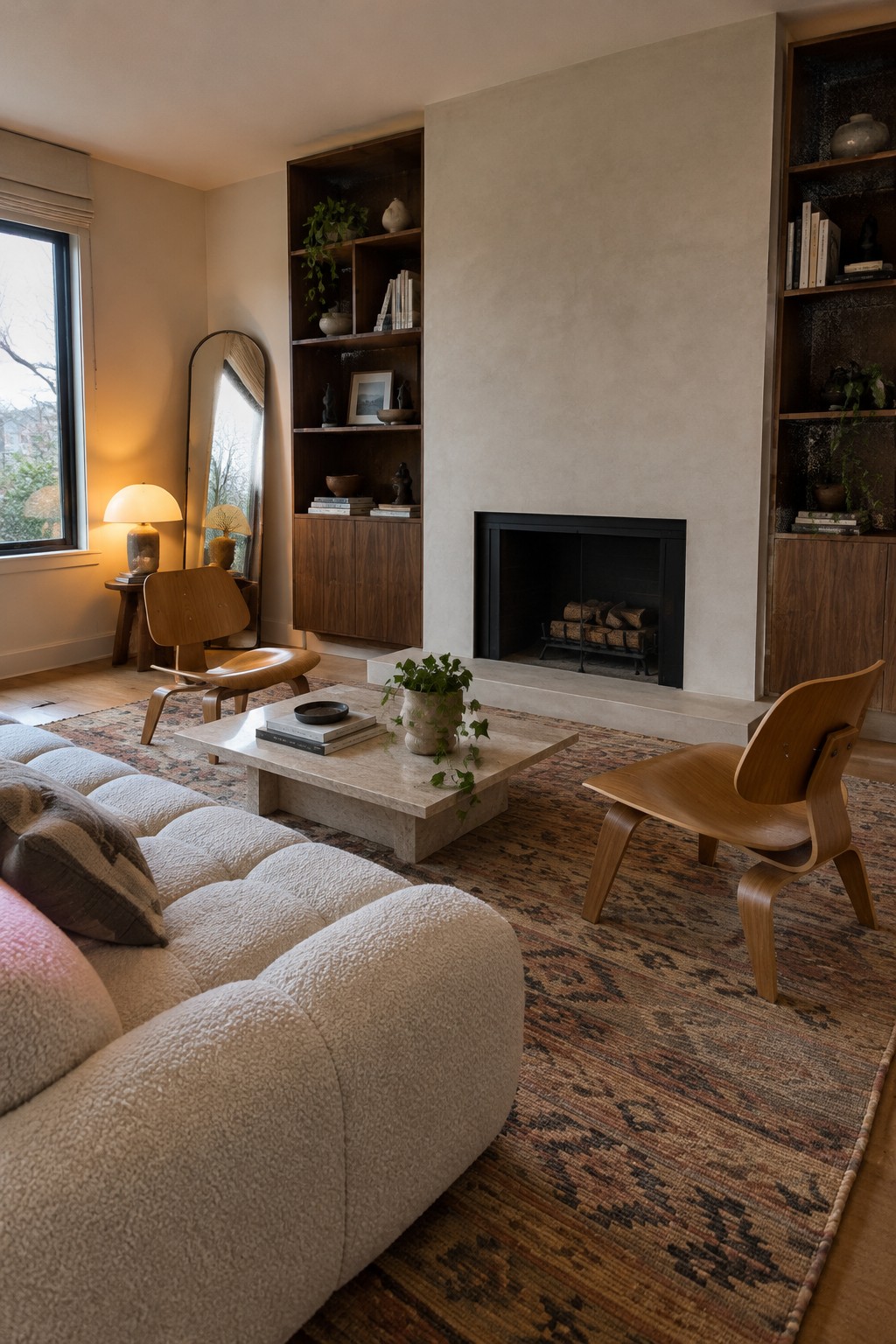 A living room with a low cream sofa, wooden lounge chairs, a stone coffee table, built-in shelves, and a fireplace.