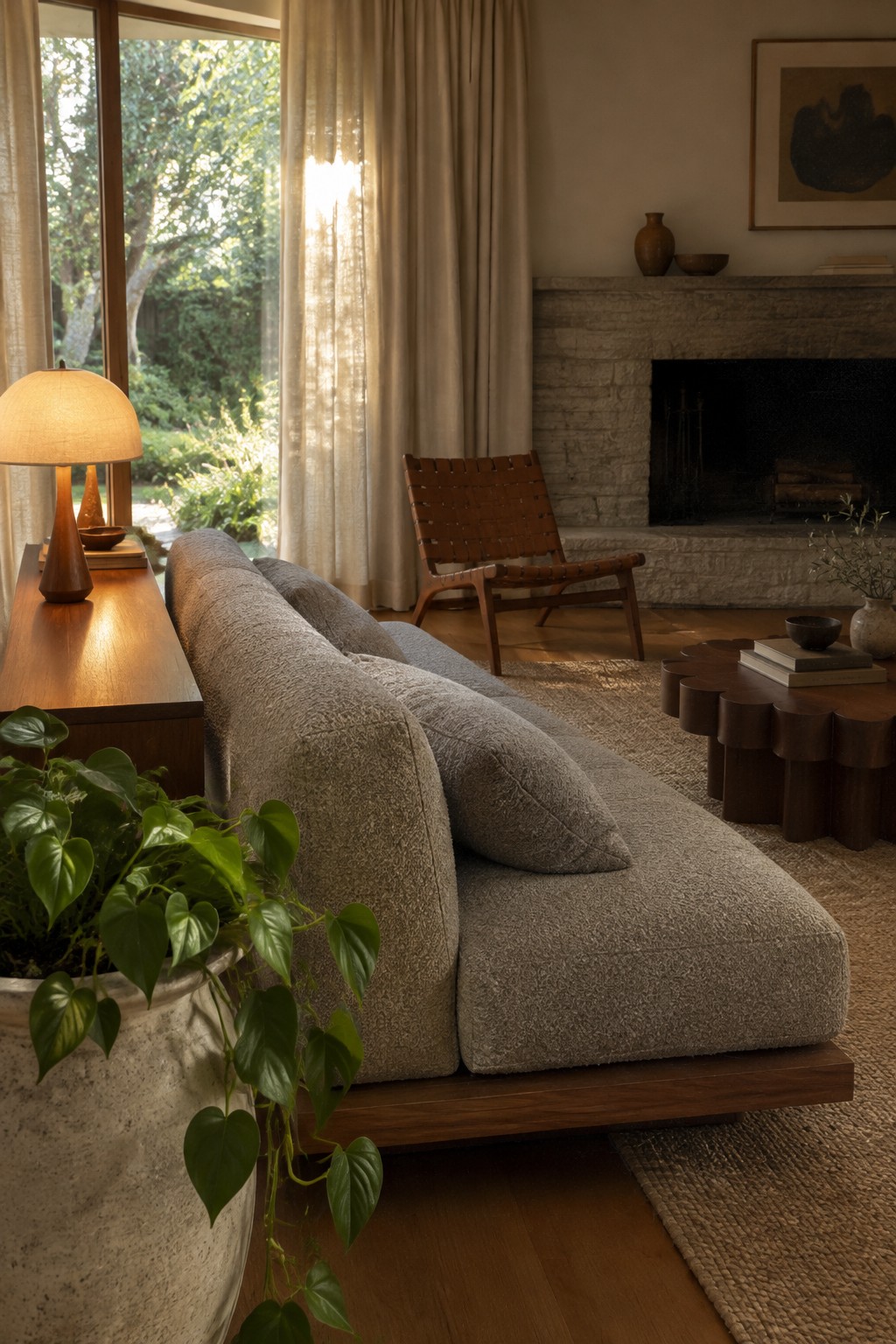 A low gray sofa and wooden lounge chair sit in a living room with a stone fireplace and large curtained windows.