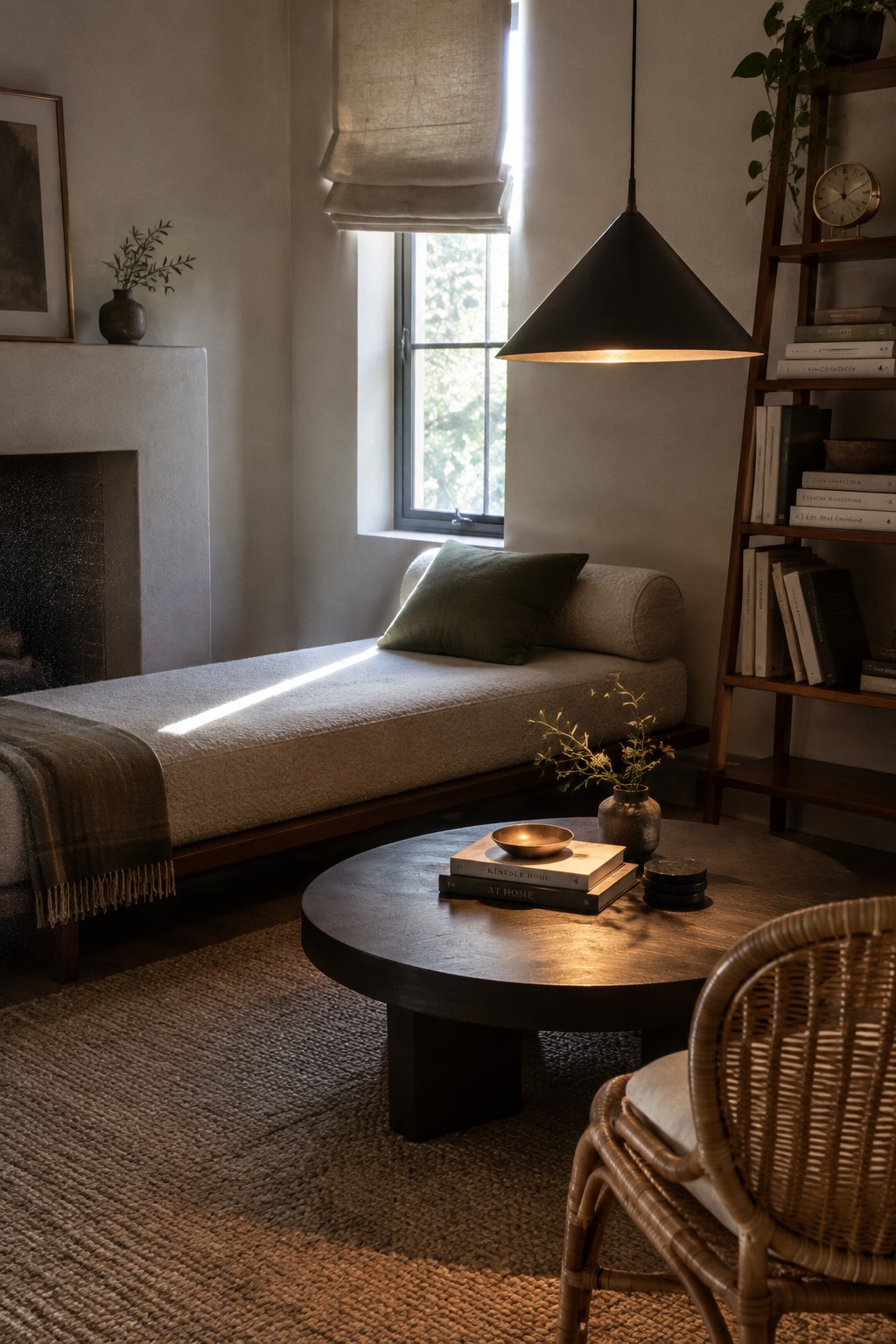 A low upholstered daybed with cushions sits beside a window in a living room with a round coffee table and woven chair.