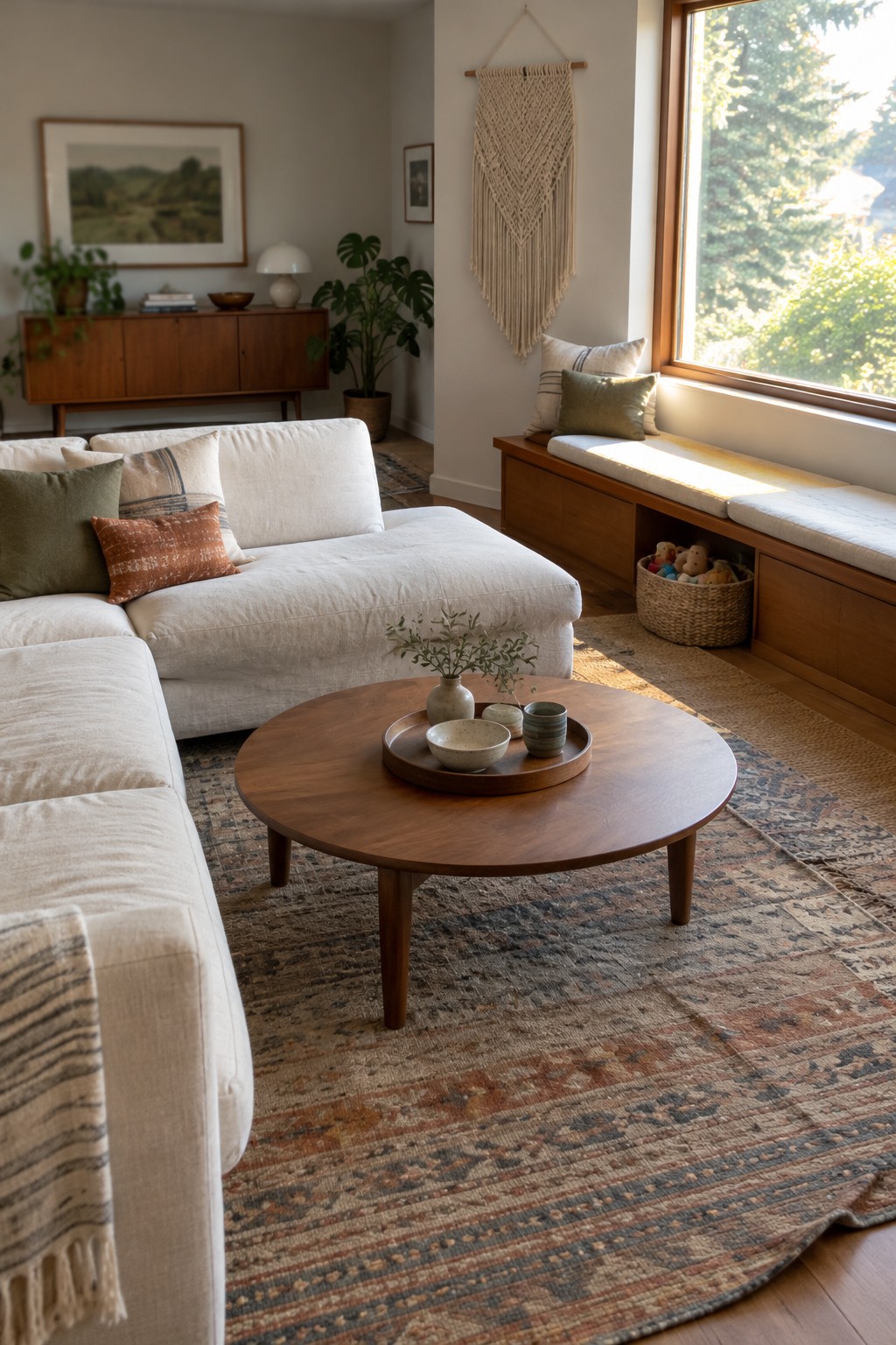 A cream sectional and round wooden coffee table sit beside a wooden window bench with drawers and a cushion.