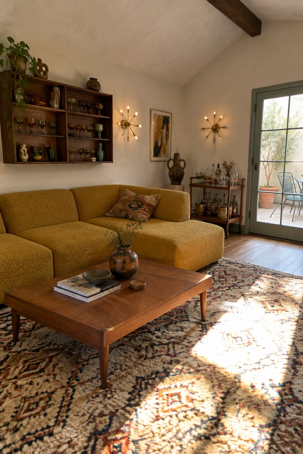 A mustard sectional sits beside a wooden coffee table on a patterned rug in a living room.