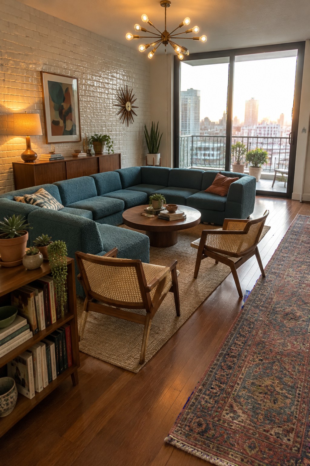 A blue L-shaped sectional surrounds a round wooden coffee table, with two cane chairs nearby in a living room.