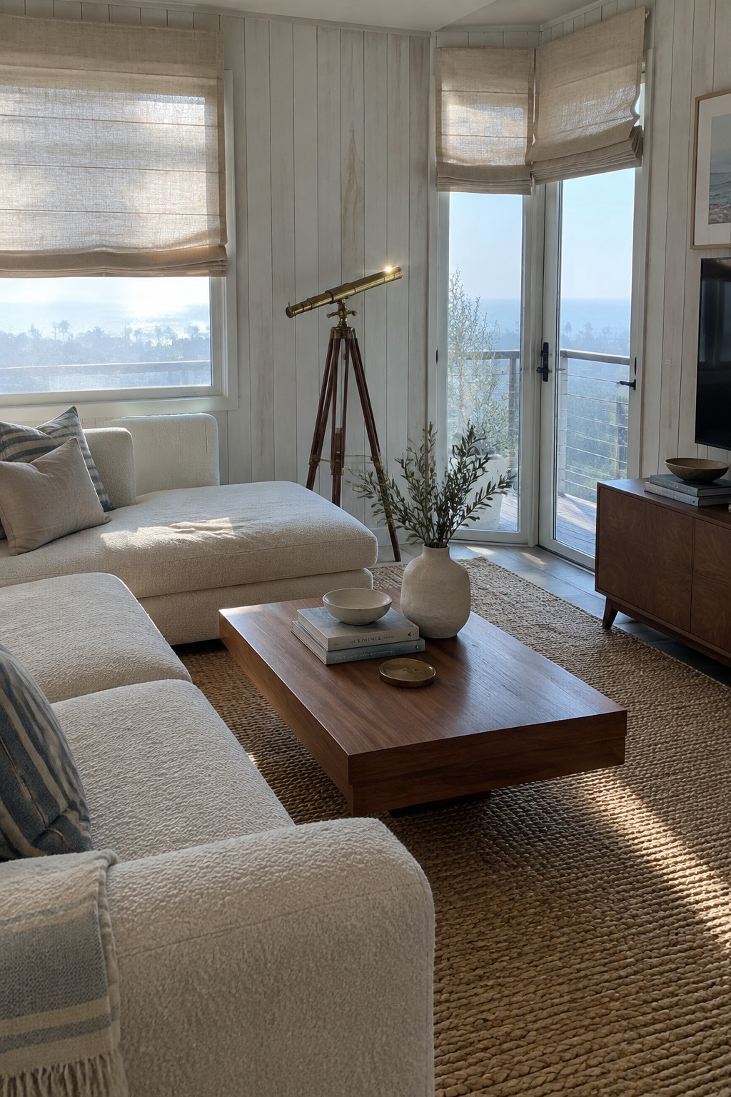 A cream sectional and walnut coffee table sit in a living room with wood-paneled walls and woven shades.