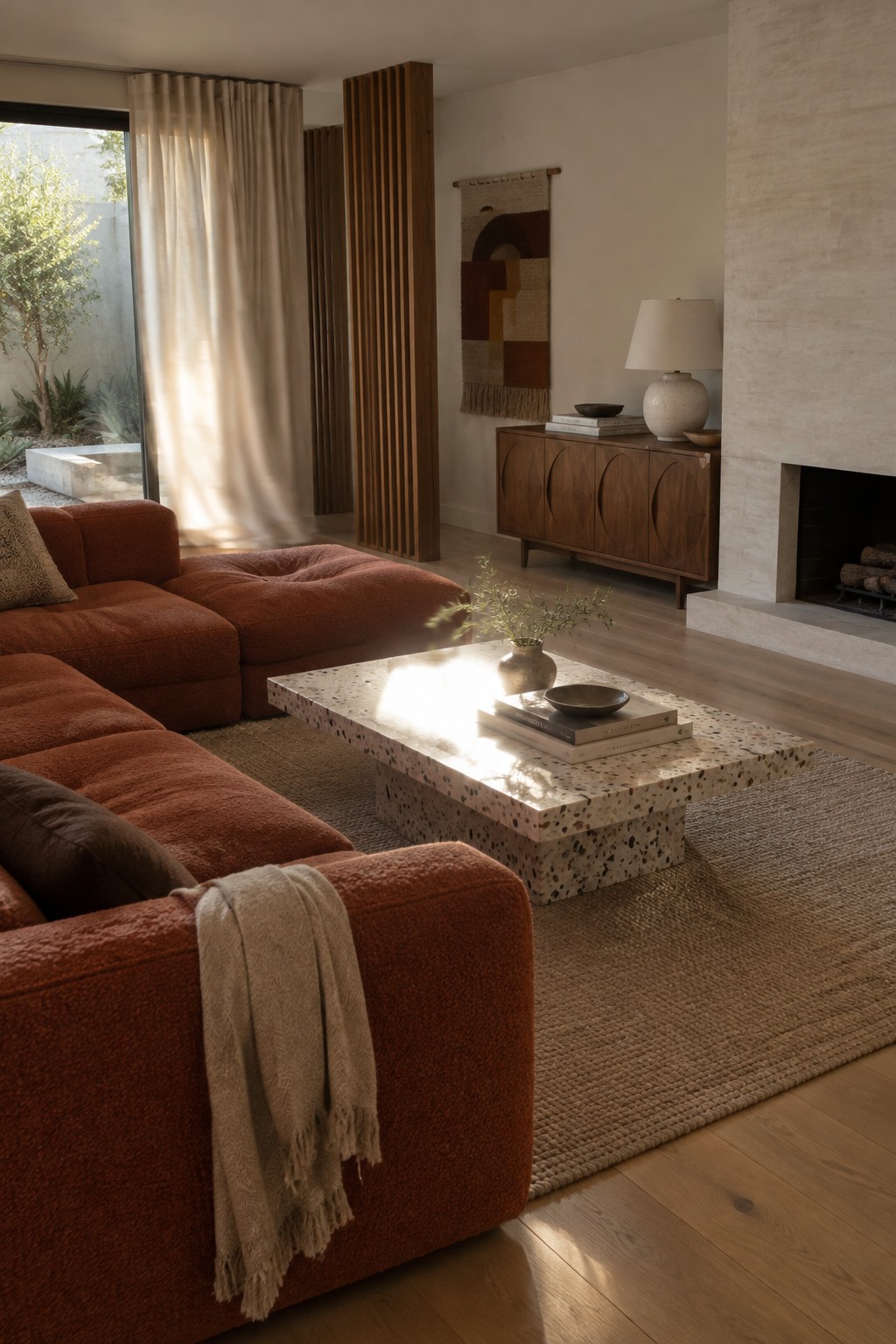 A rust-colored sectional faces a speckled stone coffee table in a living room with a wooden sideboard and fireplace.