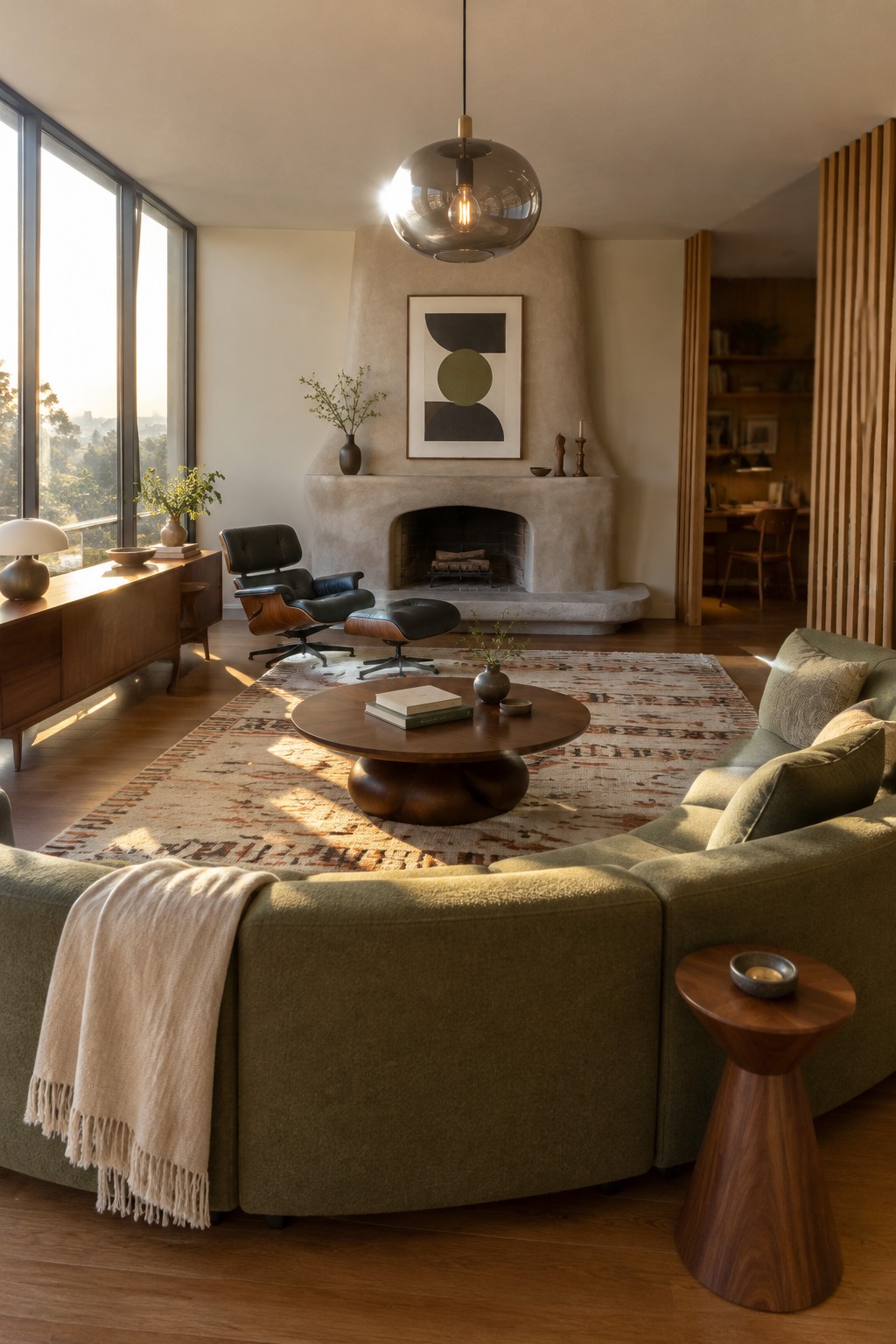 A curved olive-green sectional faces a stone fireplace in a living room with a round coffee table and patterned rug.