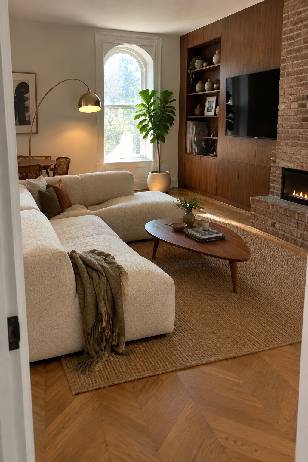 A cream L-shaped sectional faces a wooden coffee table and a built-in media wall in a living room.