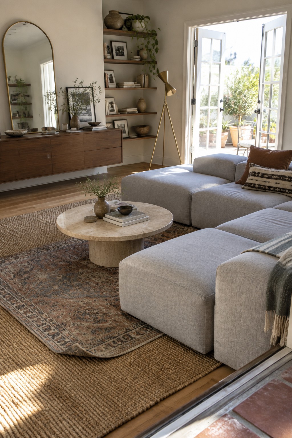 A light gray sectional surrounds a round stone coffee table on a patterned rug in a living room.